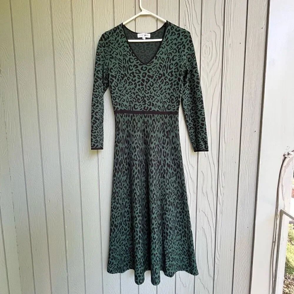 Great Jones Womens Forest Green Black Leopard Animal Print Knit Midi Dress